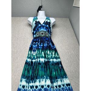 Y2K 90s Vintage ECI NY Beaded Tie Back Maxi Dress Sz 6 V Neck Bohemian Blue‎